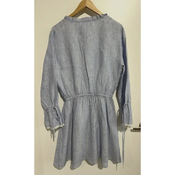 French Curve Linen ruffle V neck Dress Pinstripe Nautical Blue beach lace Sz-M - Picture 3 of 8